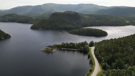 Aerial-shot-of-a-beautiful-summer-day-on-idyllic-islands,-Trondelag,-on-the-west-coast-of-Norway