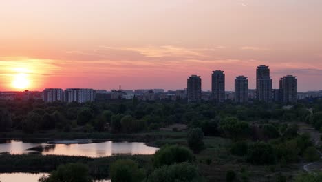 Side-Movement-Drone-View-Over-Vacaresti-Delta-At-Sunset,-Bucharest,-Romania