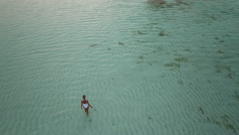 Woman-in-white-bathing-suit-walking-in-shallow-water-with-reef-sharks