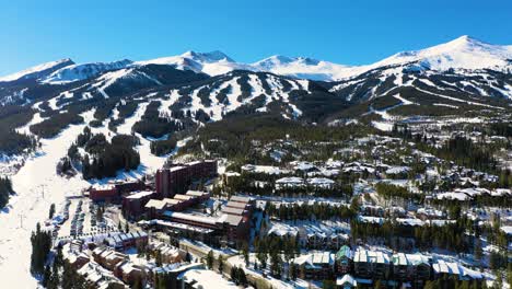Breckenridge,-Colorado-Rocky-Mountainside-Aerial-Drone-Video-of-Ski-Slopes,-Chairlift-and-Vacation-Rental-Homes