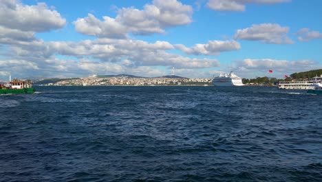 Boats-Passing-The-Bosphorus-Strait,-Bridge,-Istanbul,-Turkey,-Sunny-Day