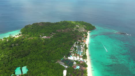 Tropical-long-beach-on-Phi-Phi-island-popular-tourist-destination,-Thailand,-aerial-panorama