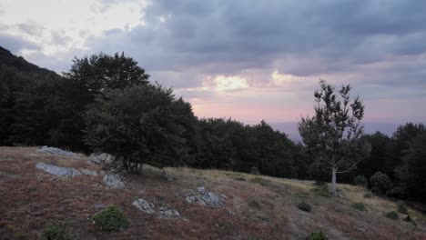 Drone-video-over-trees-at-duck-revealing-beautiful-cloudy-sunset-mountain