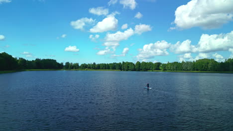 Paddle-Boarder-on-Tranquil-Lake-Amidst-Verdant-Trees