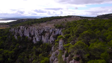Aerial-over-natural-environment,-rock-cliffs-covered-with-forest-vegetation,-daytime-capture,-revealing-water-surface-in-distance