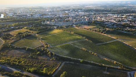 Aerial-revealing-shot-of-the-medieval-citadel-Carcassonne-surrounded-by-vineyards