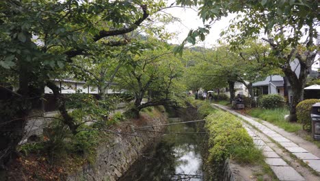 Panoramic-Landscape-of-Philosopher's-Path,-Green-Garden-Pathway-in-Kyoto-Japan-with-Tourists-Walking-By