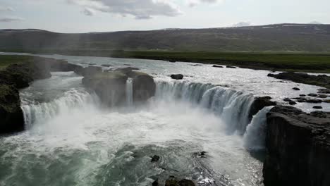Aerial-view-from-Godafoss-waterfall-in-the-Nordurland-Eystra-in-Iceland-in-the-summer,-also-known-as-Waterfall-of-the-Gods