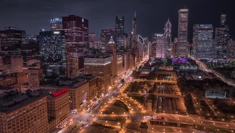 Aerial-view-of-Chicago-Millennium-Park-Congress-at-night-hyperlapse