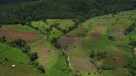 über-Terrassierten-Reisfeldern-Und-Einer-Wunderschönen-Thailändischen-Landschaft,-Luftaufnahme