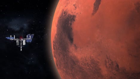 Satélite-Orbitando-El-Planeta-Rojo-Marte,-Concepto-De-Misión-De-Observación---3d-Renderizado