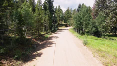 Aerial-dolly-forward-following-a-remote-dirt-road-in-the-mountains-of-Colorado-with-pine-trees-and-grass-travelling-by-the-camera