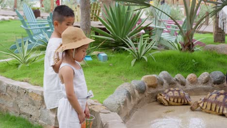 Two-Asian-kids-watch-a-breeder-at-the-farm-bathing-the-turtles