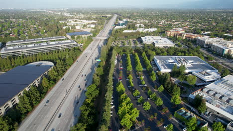 Cupertino-Aerial-View-Of-Junipero-Serra-Freeway-Interstate-280-Near-Apple-Headquarters-'Spaceship'-with-Urban-Business-District-in-San-Jose-on-a-Beautiful-Sunny-Day-from-Above