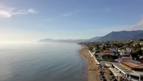 Aerial-view-of-Marbella-coast-line,-popular-holiday-destination-in-Spain-Europe,-copy-space,-space-for-text