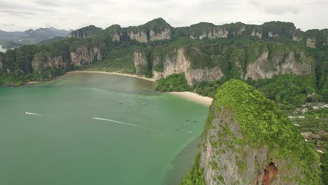 Aerial-Paradise-of-Railay-Beach-and-Limestone-Mountains-with-Turquoise-Andaman-Waters-in-Thailand