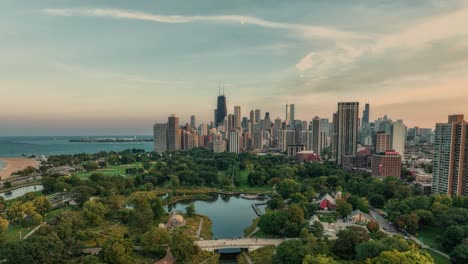 Aerial-view-of-Chicago-Lincoln-Park-at-sunset-autumn