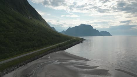 Aerial-view-of-Storvika-beach,-Norway