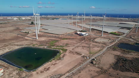Aerial-view-in-orbit-over-a-field-of-wind-turbines-and-a-pond-of-water,-in-a-desert-landscape-and-where-the-ocean-can-be-seen