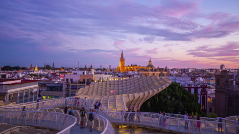 Metropol-Parasol-and-walkway-during-a-colorful-sunset---time-lapse