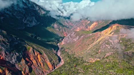 Epic-drone-capture-of-Colca-Canyon-after-rain,-showcasing-mountains,-clouds,-the-river,-and-dynamic-perspective-changes