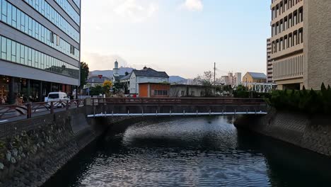 Nagasaki,-Japan-cityscape-water-canals-with-bridges-and-modern-buildings