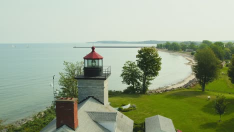 Drone-shot-backing-up-view-from-the-light-houses-at-Sodus-point-New-York-vacation-spot-at-the-tip-of-land-on-the-banks-of-Lake-Ontario