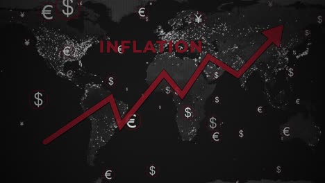 Global-inflation-is-forecast-to-rise-with-euro-US-dollars-animation-logo-and-up-trend-graphics-on-planet-earth-maps-black-and-white-background
