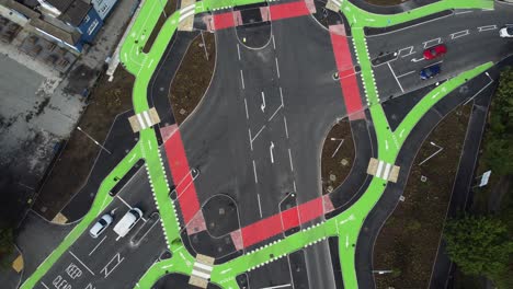 Establishing-aerial-view-vehicles-travelling-St-Helens-CYCLOPS-traffic-optimisation-junction-crossroad-intersection