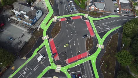 Aerial-view-vehicles-travelling-St-Helens-CYCLOPS-innovative-traffic-optimisation-junction-intersection,-England