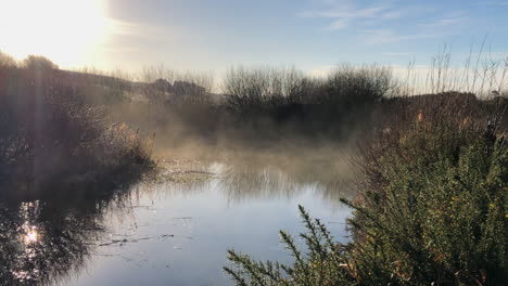Peaceful-background-nature:-Golden-sunrise-fog-on-rural-wetland-pond