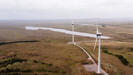 Aerial-shot-of-wind-turbines-near-a-Scottish-loch-on-the-Isle-of-Lewis