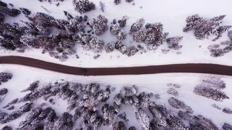 Bird's-eye-view-of-a-road-in-the-nature-in-the-winter-at-the-dolomites