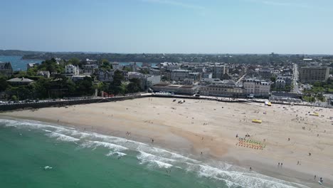 Pull-back-drone-aerial-reverse-reveal-beach-Dinard-Brittany-France-drone,aerial
