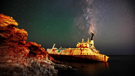 Timelapse-shot-of-star-movement-over-shipwreck-along-rocky-cliff-at-night-time
