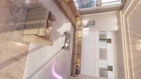 Vertical-Motion-Graphics-illustration-of-Light-Energy-Swirling-Through-Luxury-Modern-Living-Room,-Interior-Design-Concept