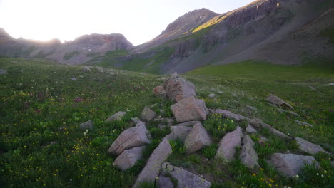 Filmischer-Schwenk-Nach-Links,-Langsam,-Atemberaubende,-Farbenfrohe-Wildblumen,-Colombine,-Colorado,-Letzte-Abenddämmerung,-Sonnenuntergang,-Goldene-Stunde,-Licht,-Eis,-Seebecken,-Silverton-Telluride,-Ouray,-Ausgangspunkt,-Gipfel-Des-Gipfels,-Rocky-Mountains,-Landschaft