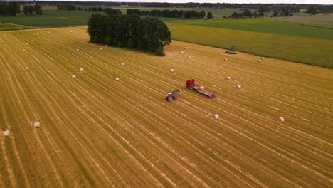 aerial-shot-of-a-tractor-working-with-a-cargo-truck-and-hay-rolls-in-a-plain-yellow-field,-tractor-putting-hay-rolls-on-the-cargo-trailer,-sliding-shot