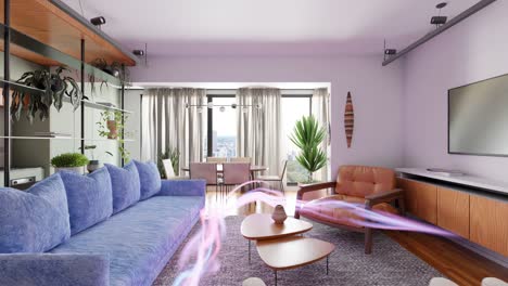 Bewegungsgrafik-Illustration-Von-Lichtenergie,-Die-Durch-Moderne-Wohnzimmer--Und-Innenarchitektur-Wirbelt