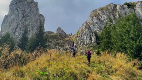 Los-Excursionistas-Disfrutan-De-Una-Desafiante-Caminata-Cuesta-Arriba-Por-Laderas-Cubiertas-De-Hierba-Y-A-Través-Del-Terreno-Montañoso-De-Rumania.
