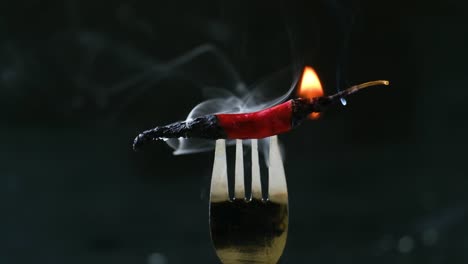 Burning-indian-red-chili-pepper-on-metal-fork-against-black-background,-Static-shot