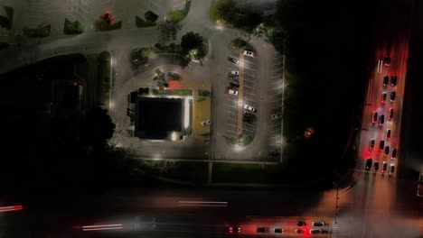 top-down-timelapse-aerial-Drive-thru-experiencefast-food-restaurant-at-night