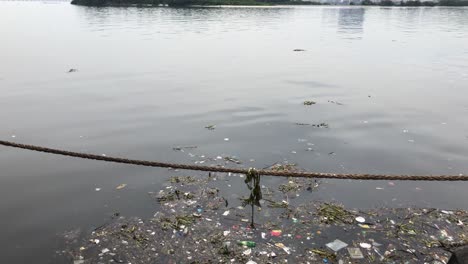Plástico-Flotante-Y-Otra-Basura-En-La-Superficie-Del-Agua-En-El-Puerto-De-Río-De-Janeiro.