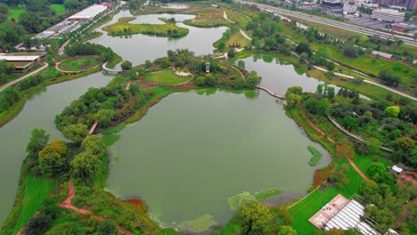 lakes-at-Chicago-Botanic-Garden-,beautiful-aerial-in-the-summer