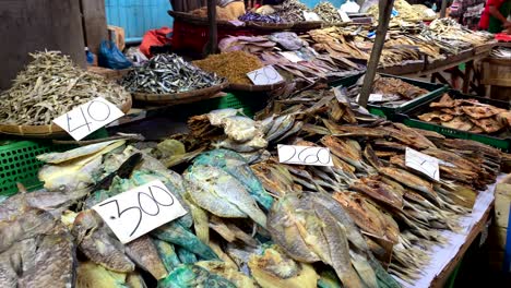 An-assortment-of-various-types-and-sizes-of-dried-fish-is-showcased-for-sale
