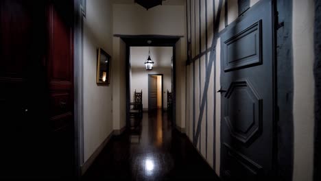 Slow-dolly-shot-along-a-chateau-hallway-revealing-different-opening-to-rooms