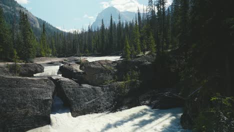 Natural-scenic-view-of-a-river-in-Yoho-National-Park,-Alberta,-Canada-with-small-mountain-and-forest-in-the-background-on-a-clear-bule-sky-and-rocky-moutains-range-in-summer-daytime