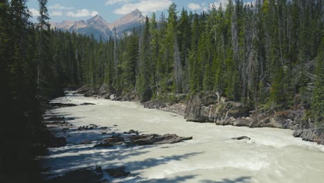 Die-Atemberaubende-Landschaft-Des-Yoho-Nationalparks-In-Kanada-Mit-Einem-Kleinen-Fluss-Und-Riesigen-Bergen-Im-Hintergrund,-Einem-Klaren-Bule-Himmel-Und-Felsigen-Bergketten-Im-Sommer-Tagsüber
