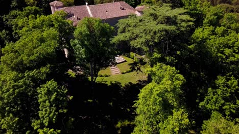 Aerial-descending-shot-through-large-trees-revealing-garden-furniture-at-a-Chateau