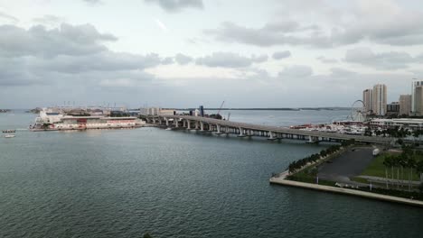 Aerial-established-of-Miami-downtown-at-sunset-Bayfront-park